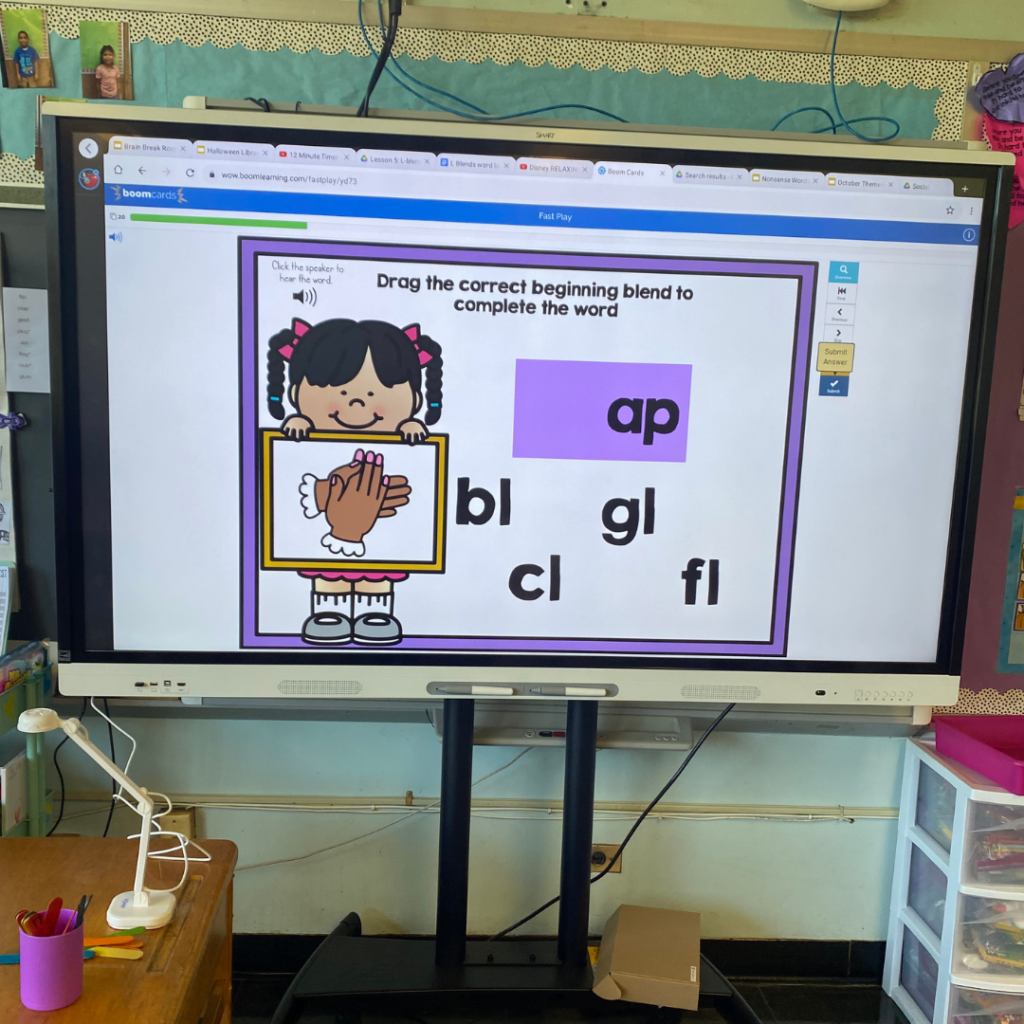 using boom cards in the classroom for a whole group activity on the smartboard