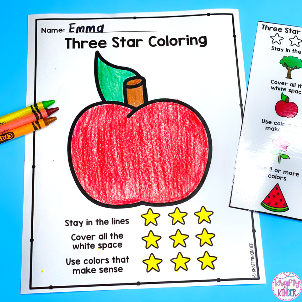 The best kindergarten writing lesson for August or September.  Using 3 Star Coloring pages like this will help your students start to self-assess their work and do their very best.