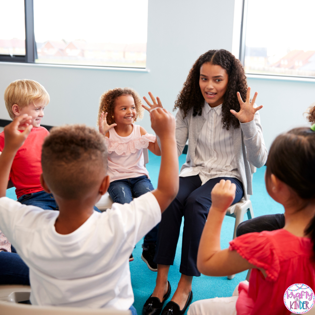 Teacher playing a game with students on the first week of school.