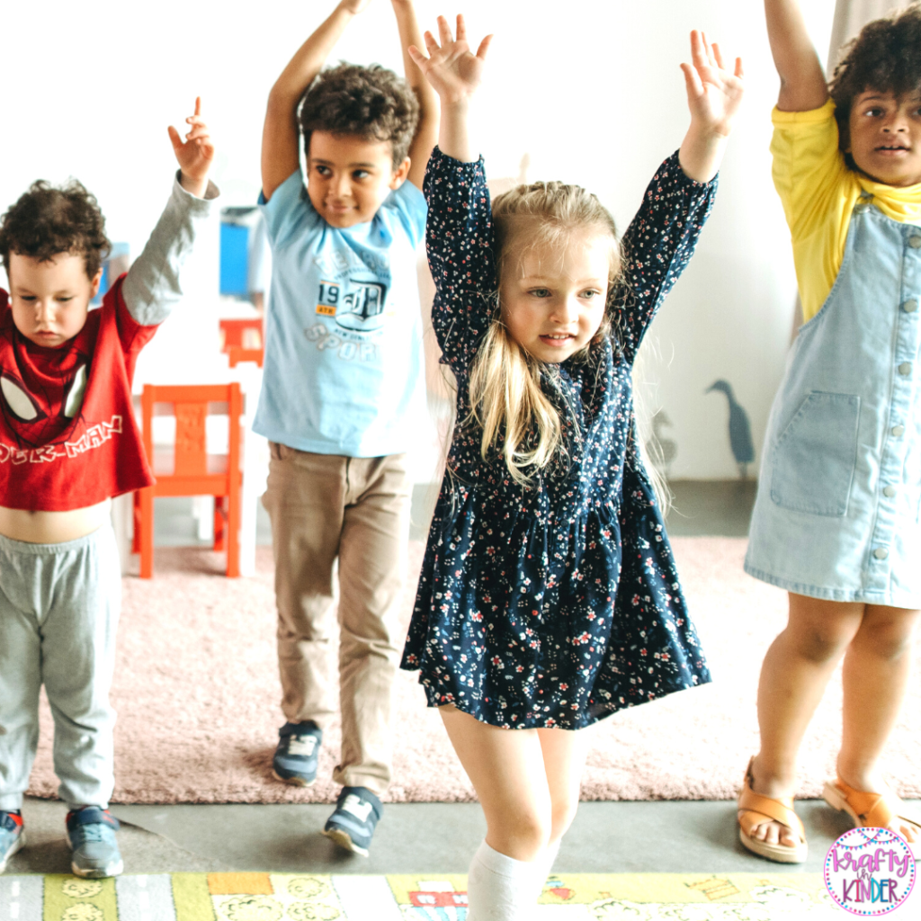 Children singing and dancing rhyming activities in the classrooms.