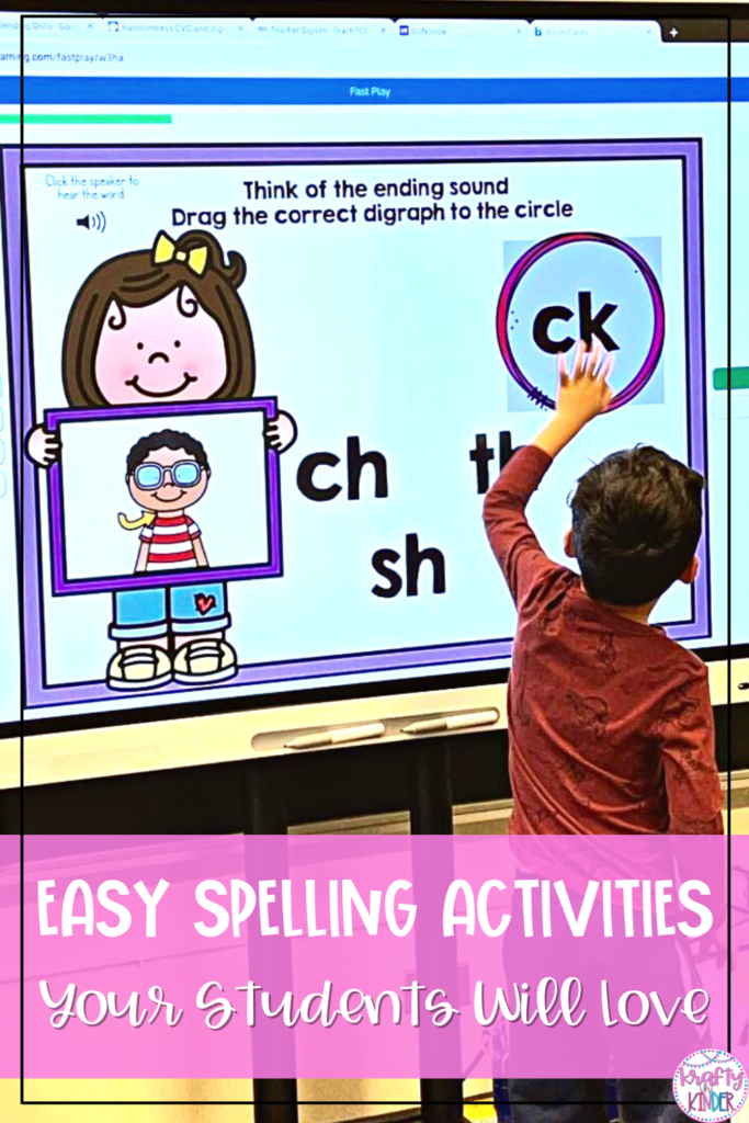 Keep your spelling activities fun and engaging with Boom cards your students will love. Use the Boom Cards as a center activity for students to practice targeted skills. Or, project the Boom Cards on your whiteboard for a whole class activity your students will love. Use these spelling activities all year with your Kindergartners. #kraftyinkinder #kindergartenspelling #spellingactivitiesforkindergarten #spellingactivities