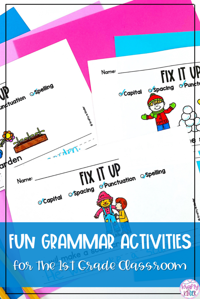 Grammar practice has never been so fun and thorough. These Fix it up Sentences activities have everything you need to make sure your students are exposed to grammar practice that's both meaningful and engaging. Use the worksheets to help your students identify grammatical errors and then practice writing the sentences correctly. Boom Cards or Google Slides add an element of digital fun to your literacy centers. Use the bundle all year long for targeted grammar activities you and your students will love. #kraftyinkinder #firstgradegrammar #grammaractivities #fixitsentences