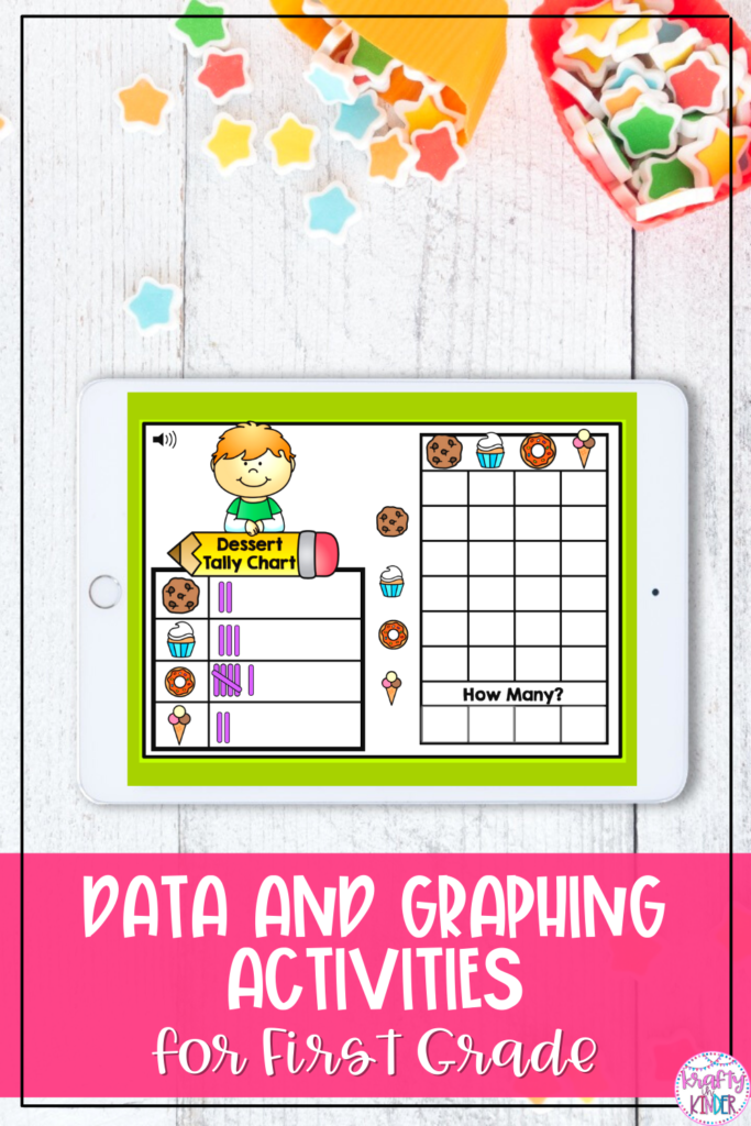 Teaching data and graphing to your first grade students will be fun and easy with these engaging digital Boom Card activities. Use these data and graphing Boom Cards in centers, as partner work, whole class work, or even as extra fun practice to send home. #kraftyinkinder #dataandgraphing #teachingdataandgraphing