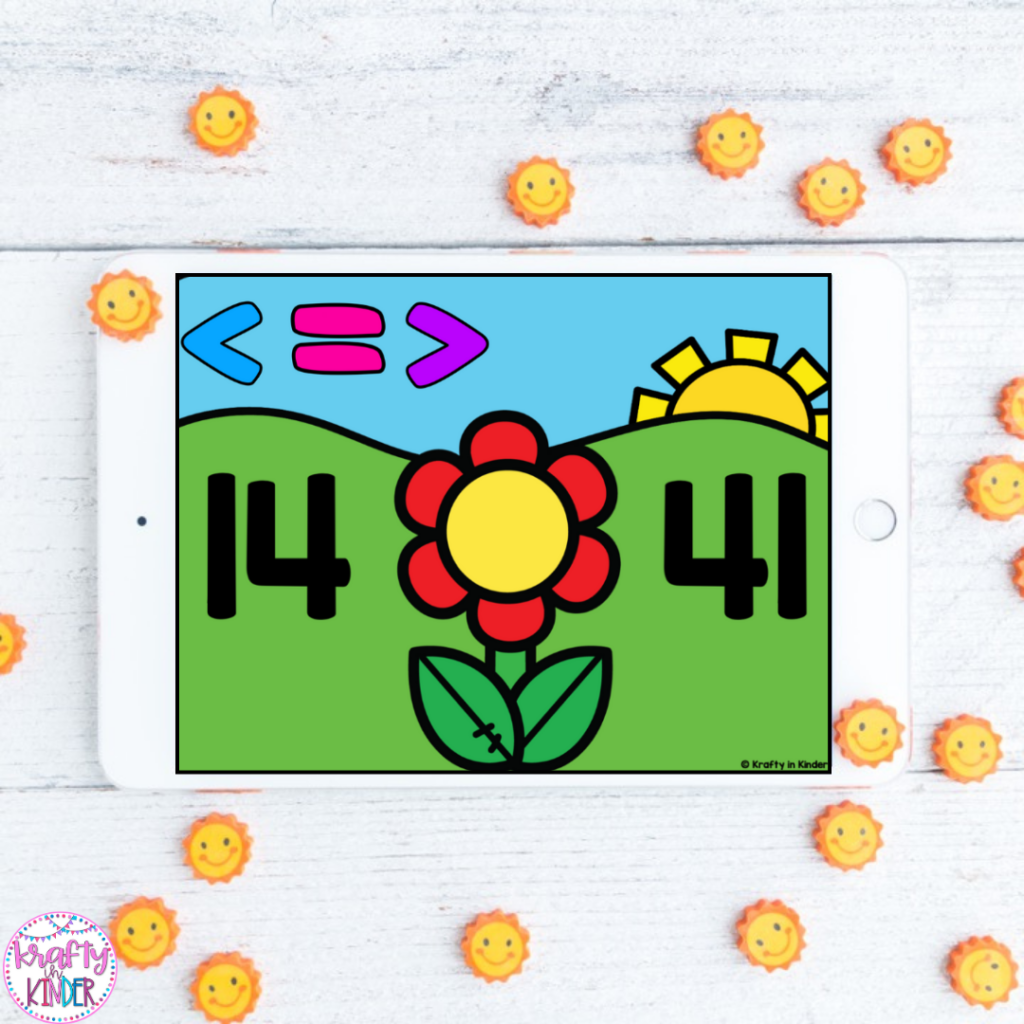 This image is of Boom Cards on an iPad. In this spring math game hosted at Boom Learning, students will compare two digit numbers using greater than, less than and equal to signs. 