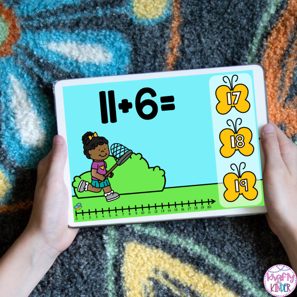 This image shows a child holding an iPad and playing a spring math game focused on addition.