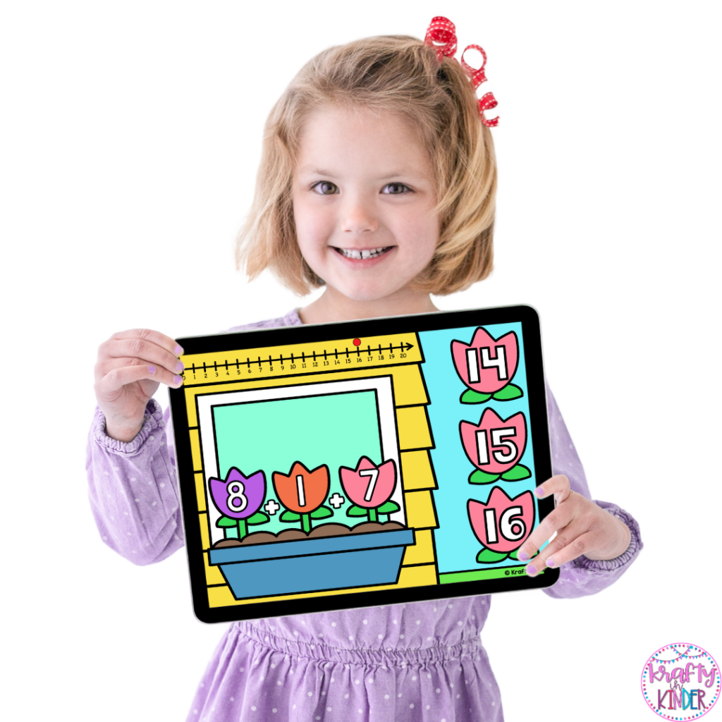 This image shows a young girl holding an iPad. On the iPad screen, there is a spring math game with a flower theme that can be used to practice addition.