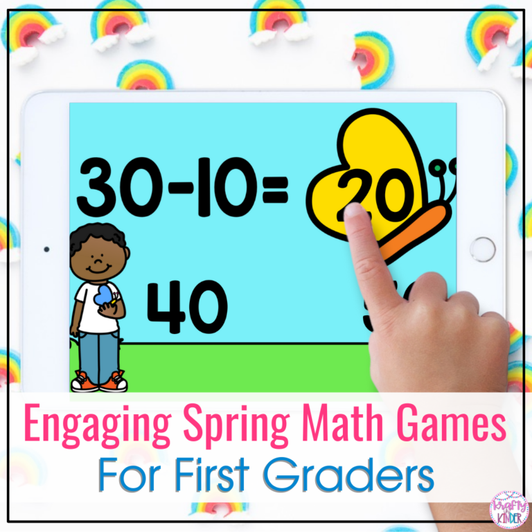 This image says "Engaging Spring Math Games for First Graders" and shows a student's hands holding an iPad. On the iPad, there is a subtraction digital math game with a butterfly theme.