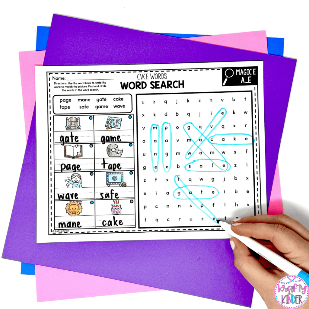 This image shoes an example of a word search that can be used to practice phonics skills. The word search picture focuses on magic e words with the long a sound in them.