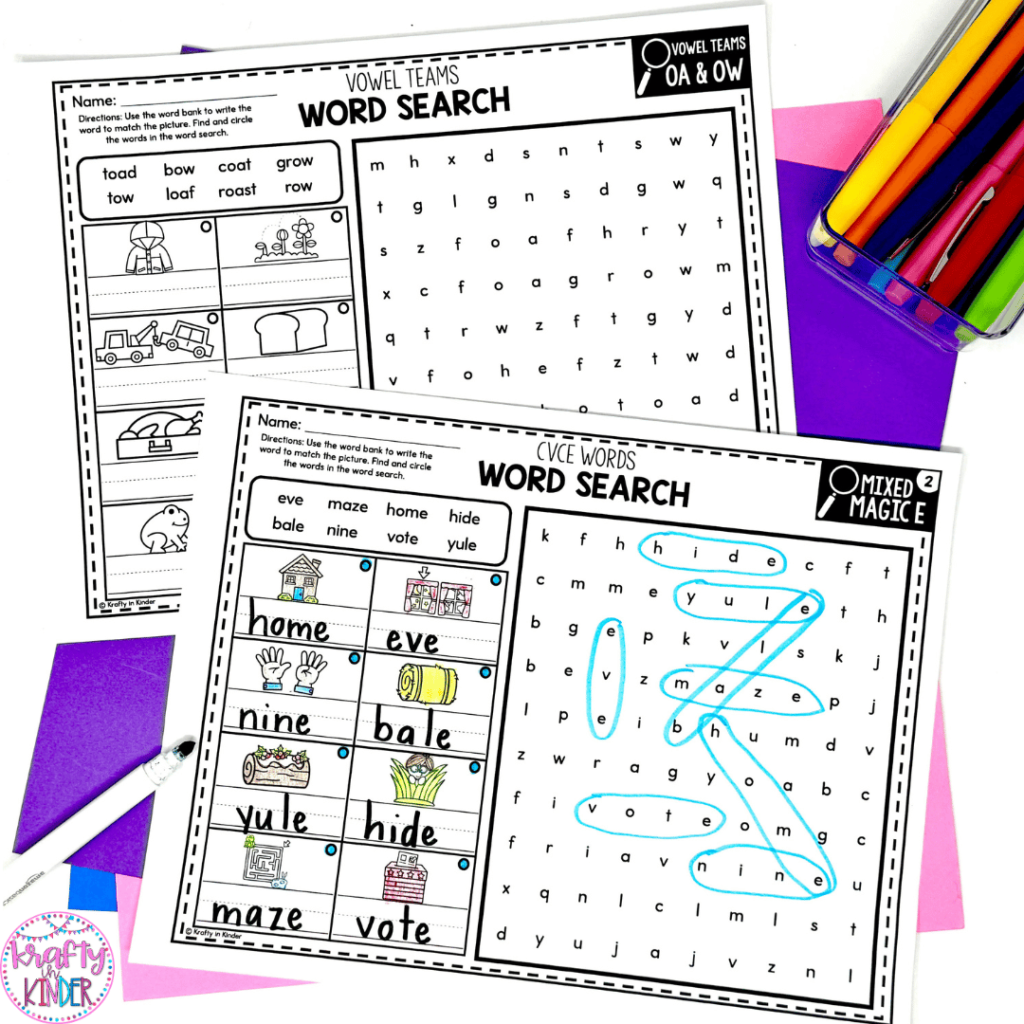 This image shows an example of a word search that can be used to practice phonics skills in early elementary classrooms.