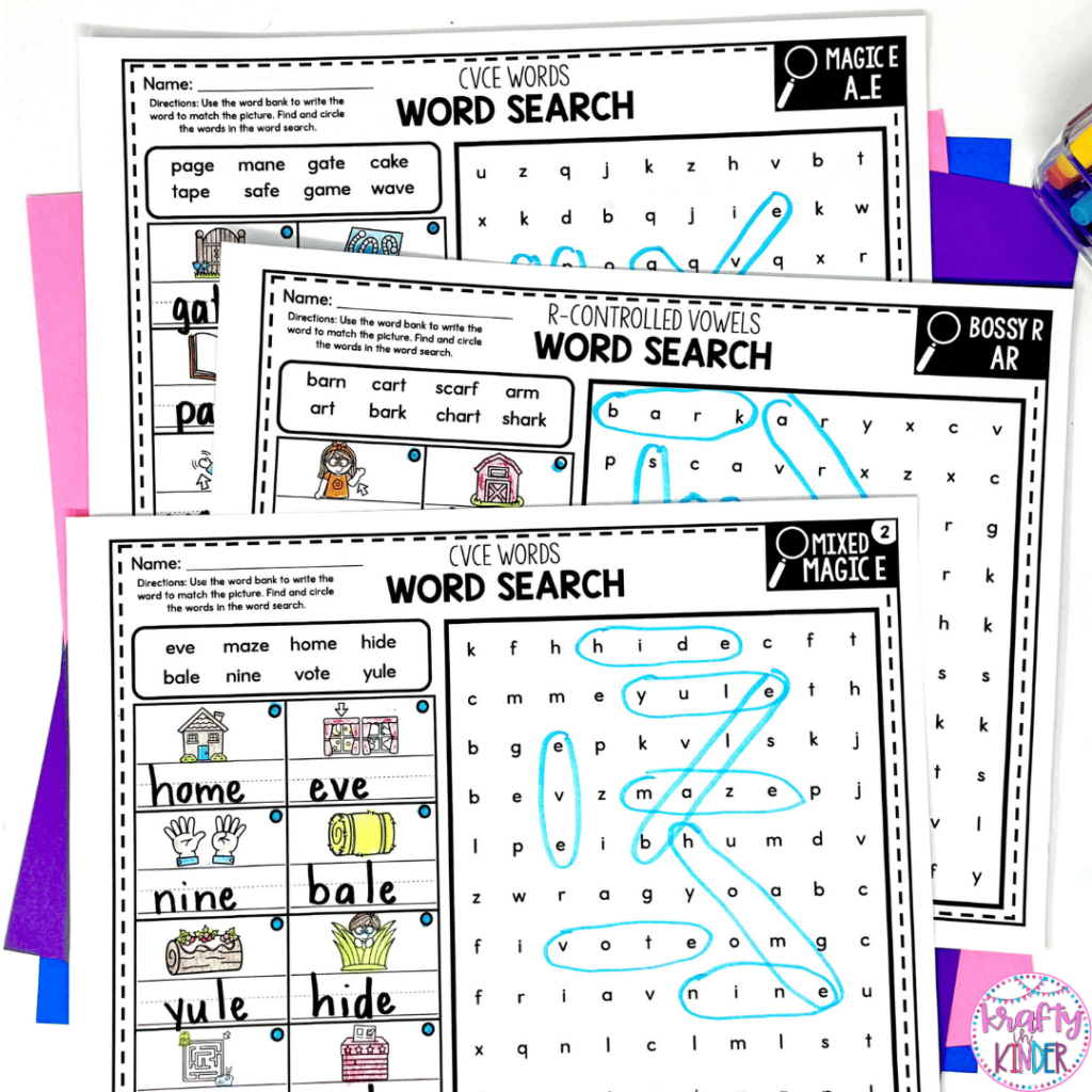 This photo shows 3 examples of phonics skills word searches. Each word search focuses on a different spelling pattern.