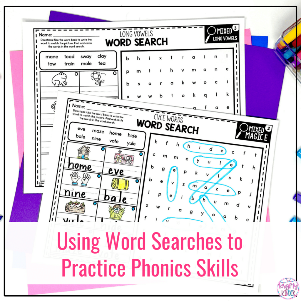 This image says, "Using Word Searches to Practice Phonics Skills in Lower Elementary Classrooms" and features a photo of some examples of word searches. The activities in the photo focus on magic e and long vowels.