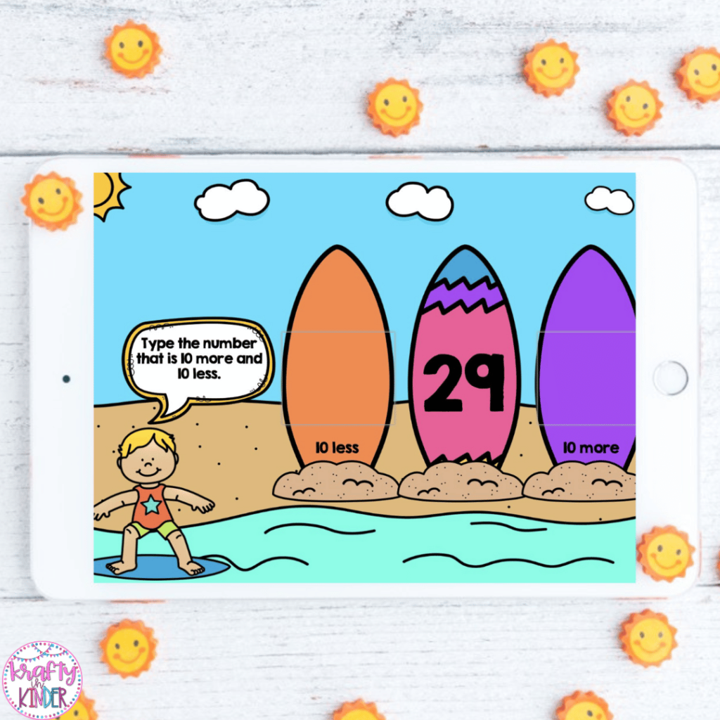 This image shows a digital math game with a fun summer theme. With Boom Cards like the one shown, students can practice skills like 10 more and 10 less.