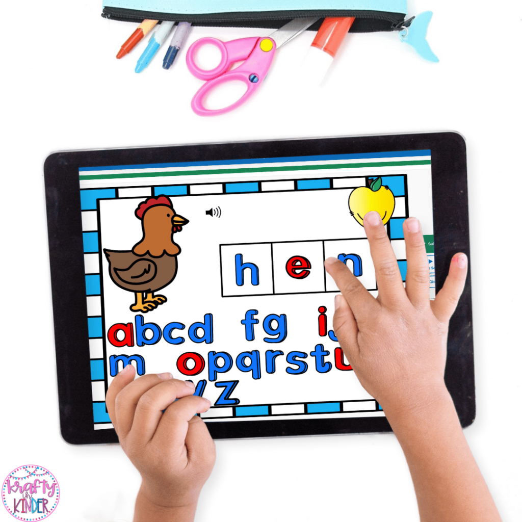 This image shows a student completing a digital task card within a spelling game hosted on Boom Learning. The student built the cvc word "hen" by dragging and dropping letters.