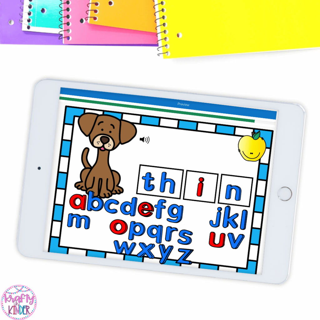 This image shows a digital spelling game targeting beginning digraphs. Students move letters on the screen in order to build words.