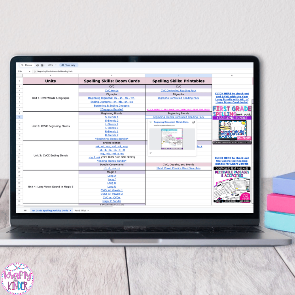 This image shows an example of how to use links to resources with the first grade spelling plans.