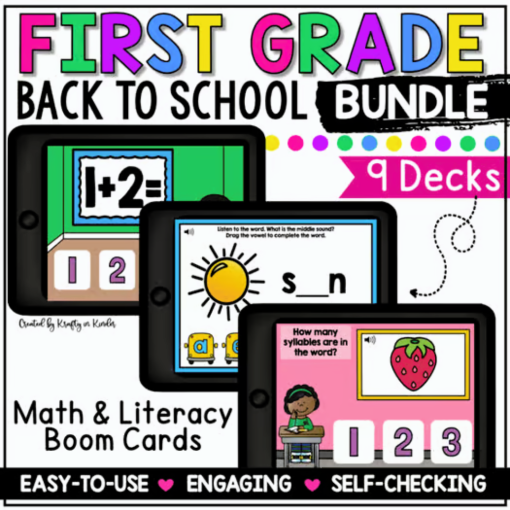 The Back to School Math and Literacy Bundle offers 9 Boom Card decks for ELA and Math.