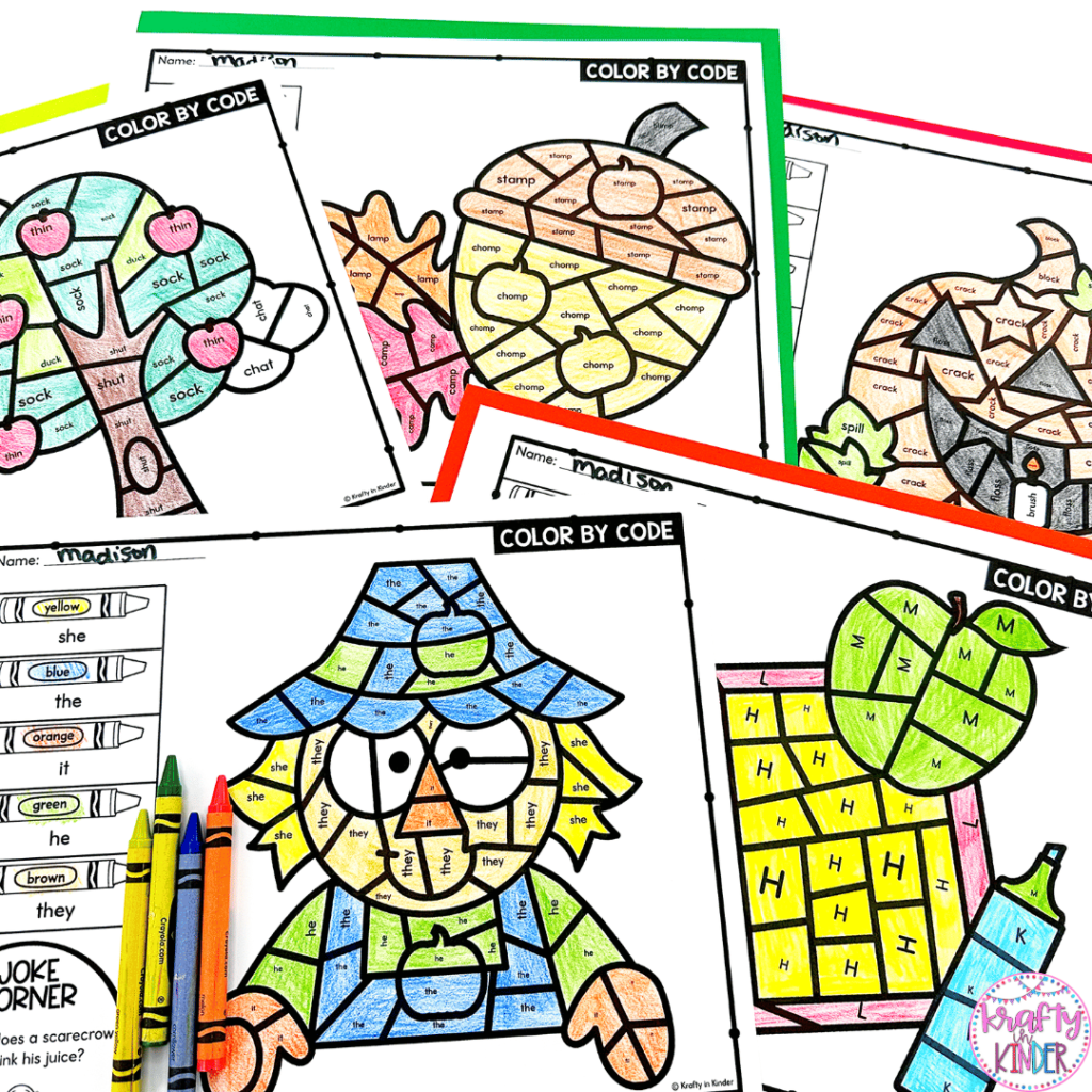 This photo highlights fall themed educational coloring pages that can be used to practice skills like sight words and letter recognition.