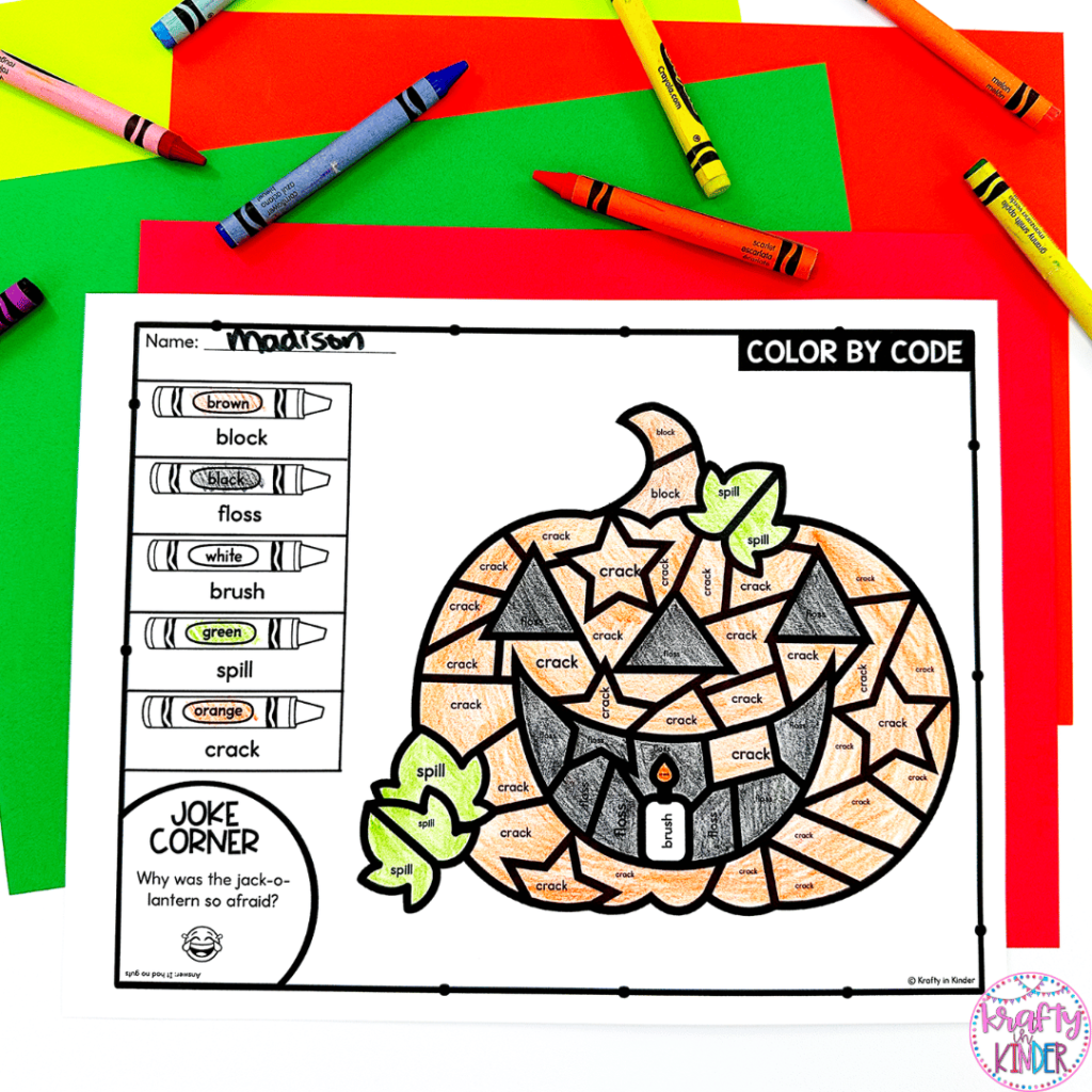 This photo shows a halloween themed educational coloring page that focuses on reading blends.