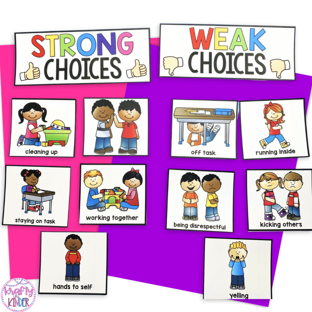 This image features a strong choices and weak choices sorting activity that would be perfect to use in a pocket chart when you are teaching expectations at the beginning of the year.