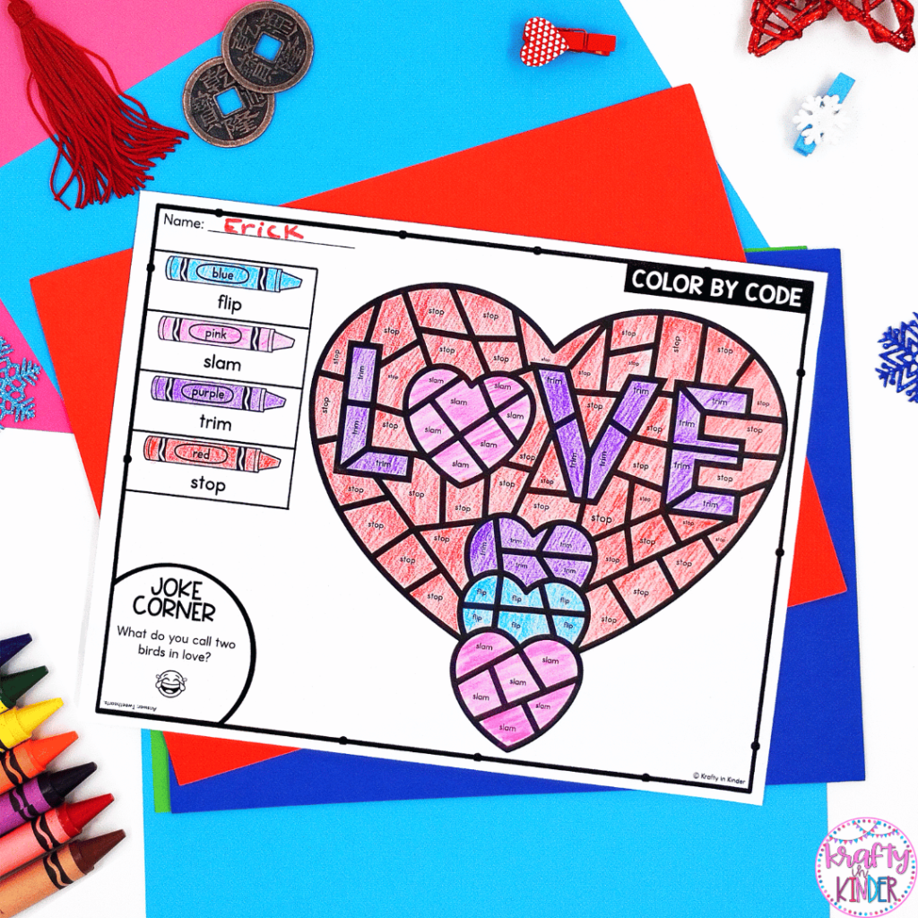 This photo features a color by code activity perfect for Valentine's Day.