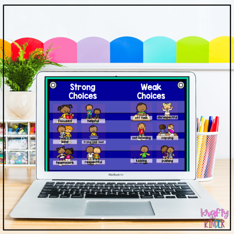 This image shows a digital weak choices and strong choices sort that can be used when teaching expectations in elementary classrooms.