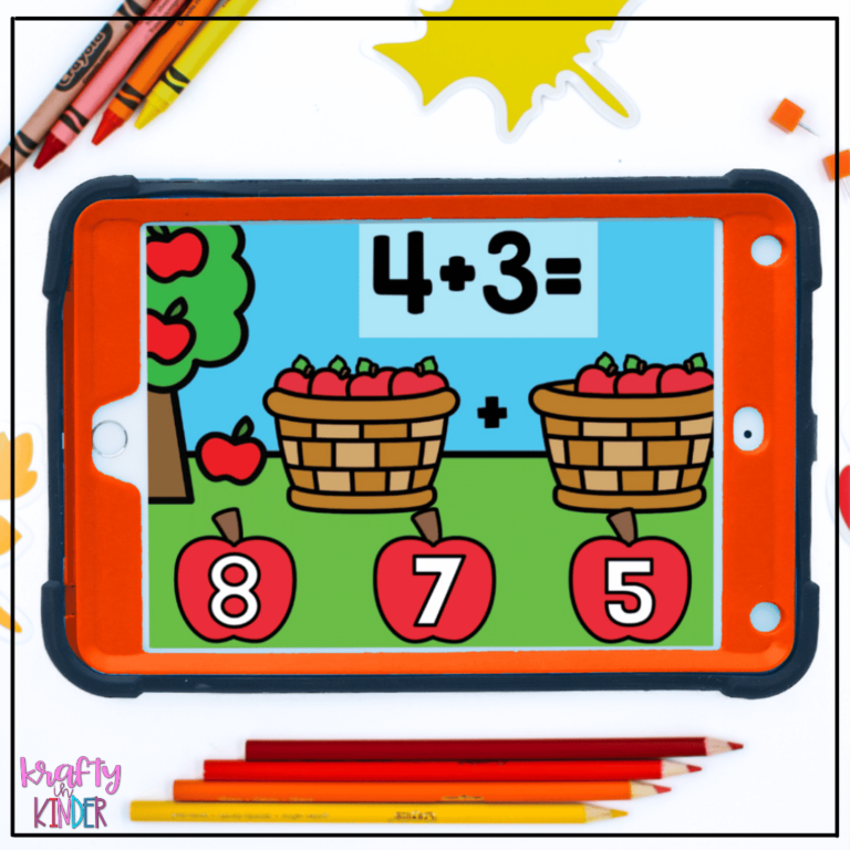 This image shows an addition fall math game that has an apple theme that first grade students will really enjoy.