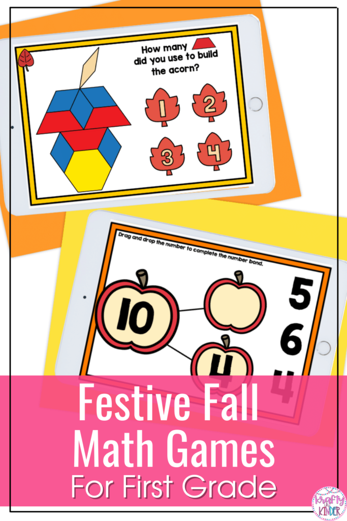 These fall math games for first grade are not only festive, but they are also an excellent way to practice math skills in the classroom! Use the digital activities in centers to practice skills like number bonds, addition and subtraction, skip counting and more!