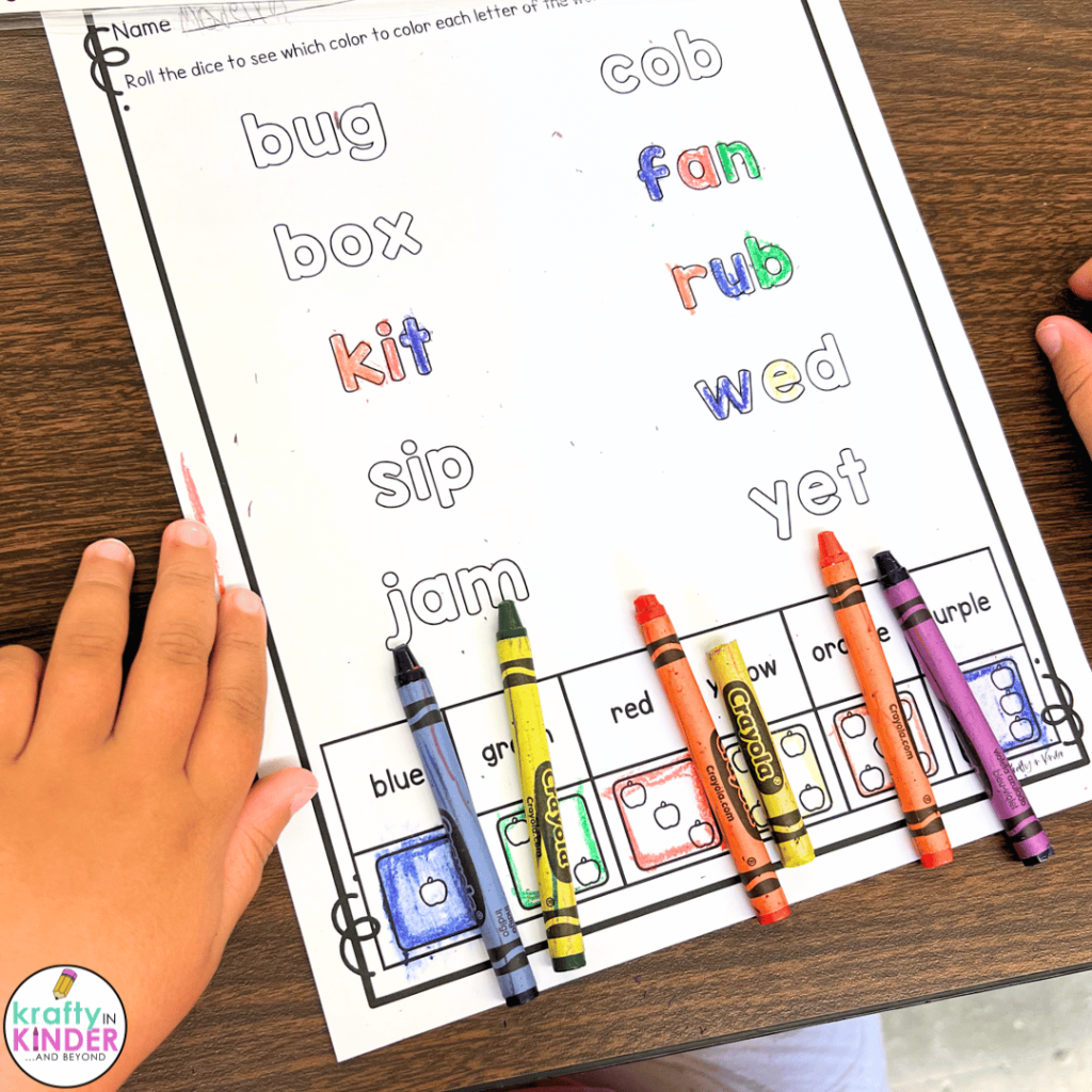 This image shows a student completing roll and color activity.