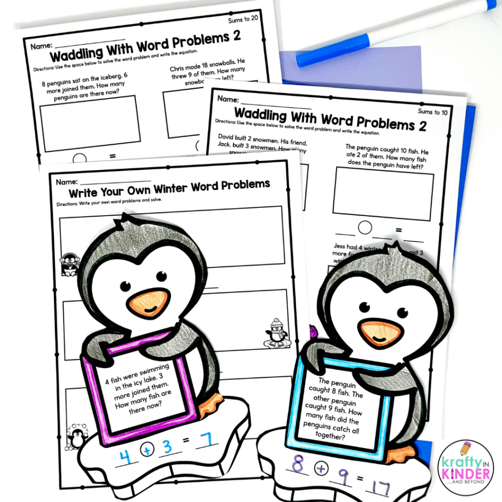 This photo showcases the worksheets that can be paired with the winter math craft.