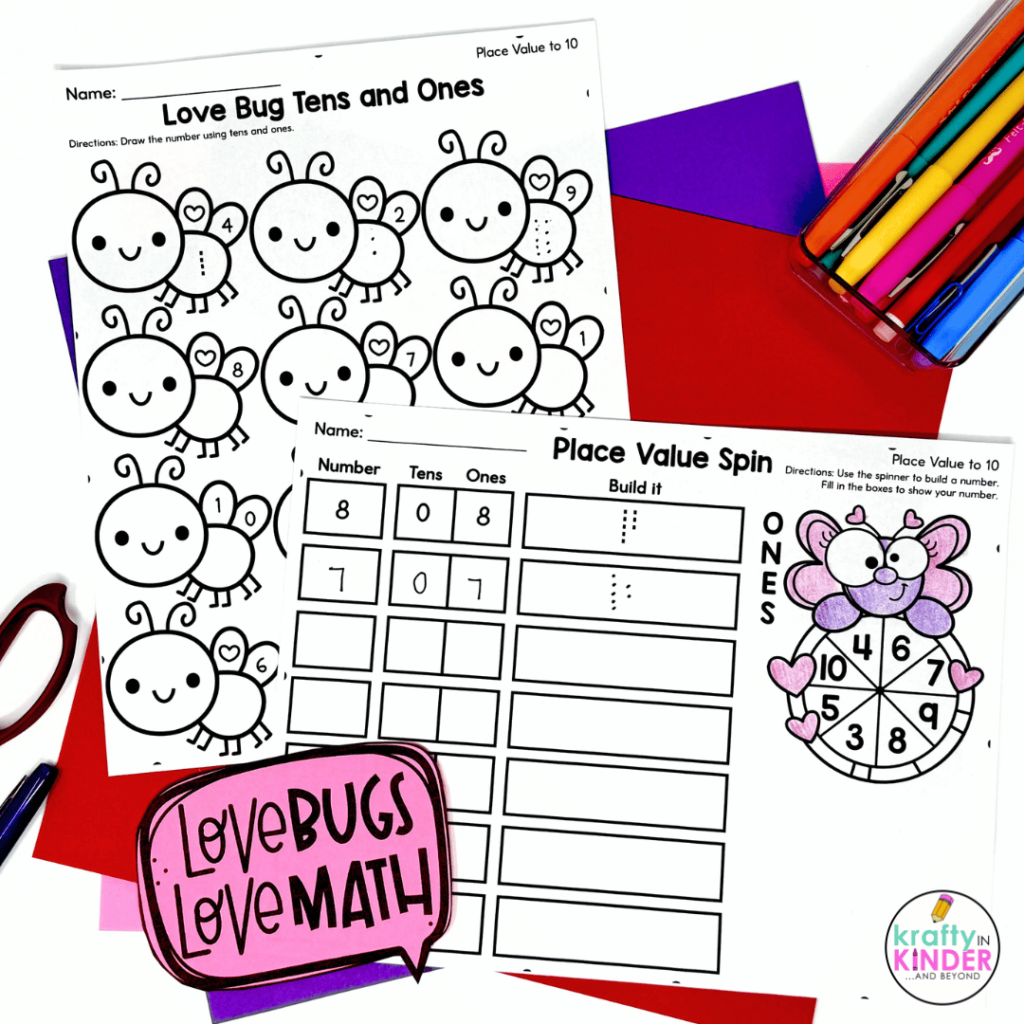 This photo showcases place value worksheets with a Valentine's Day theme.