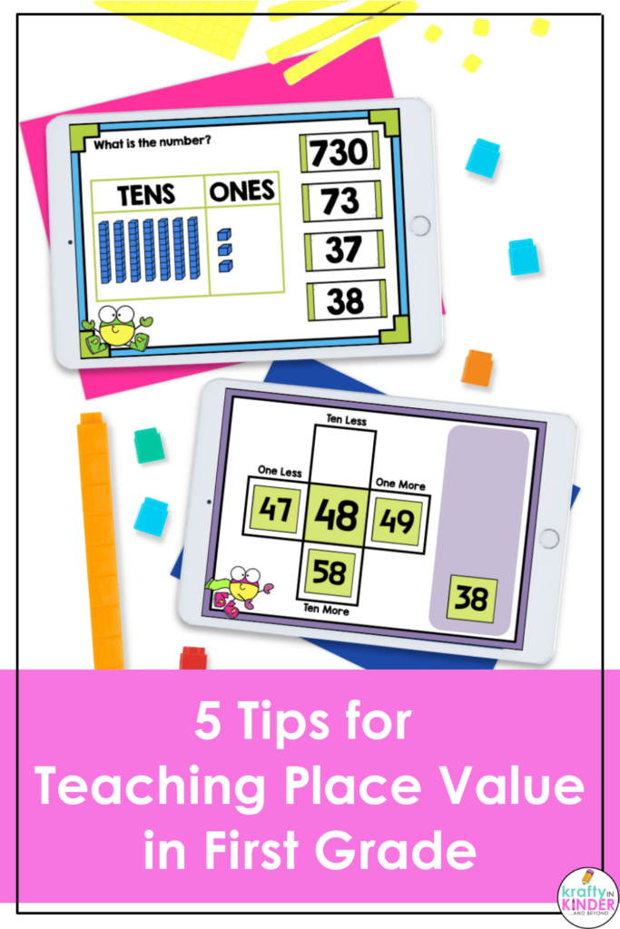 These 5 tips for teaching place value in first grade will help you engage your students in hands-on activities that will make this important math concept stick! From using snacks to digital activities and snap cubes, this post is full of fun place value lesson ideas!