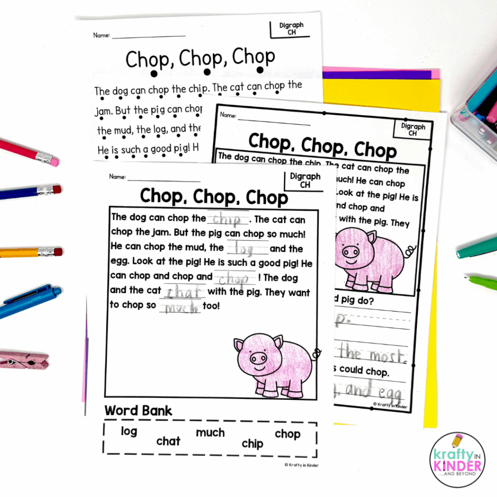 This image highlights decodable digraph practice pages focusing on "CH".