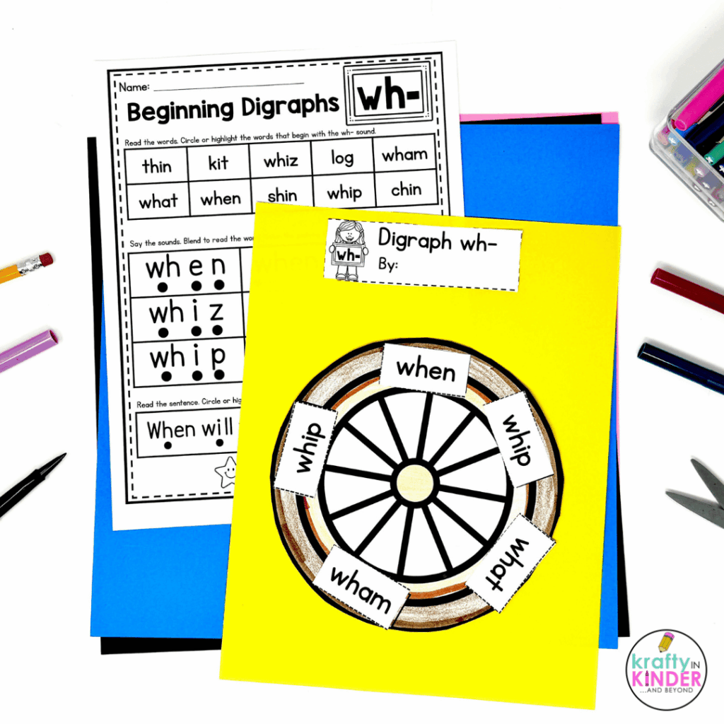 This image highlights a "WH" phonics craft and worksheet.