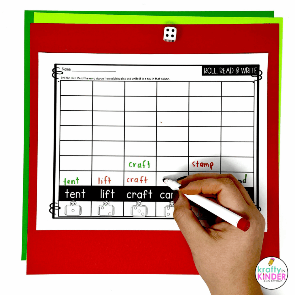 Roll, read and write can get a seasonal twist by using specific colors when writing the words.