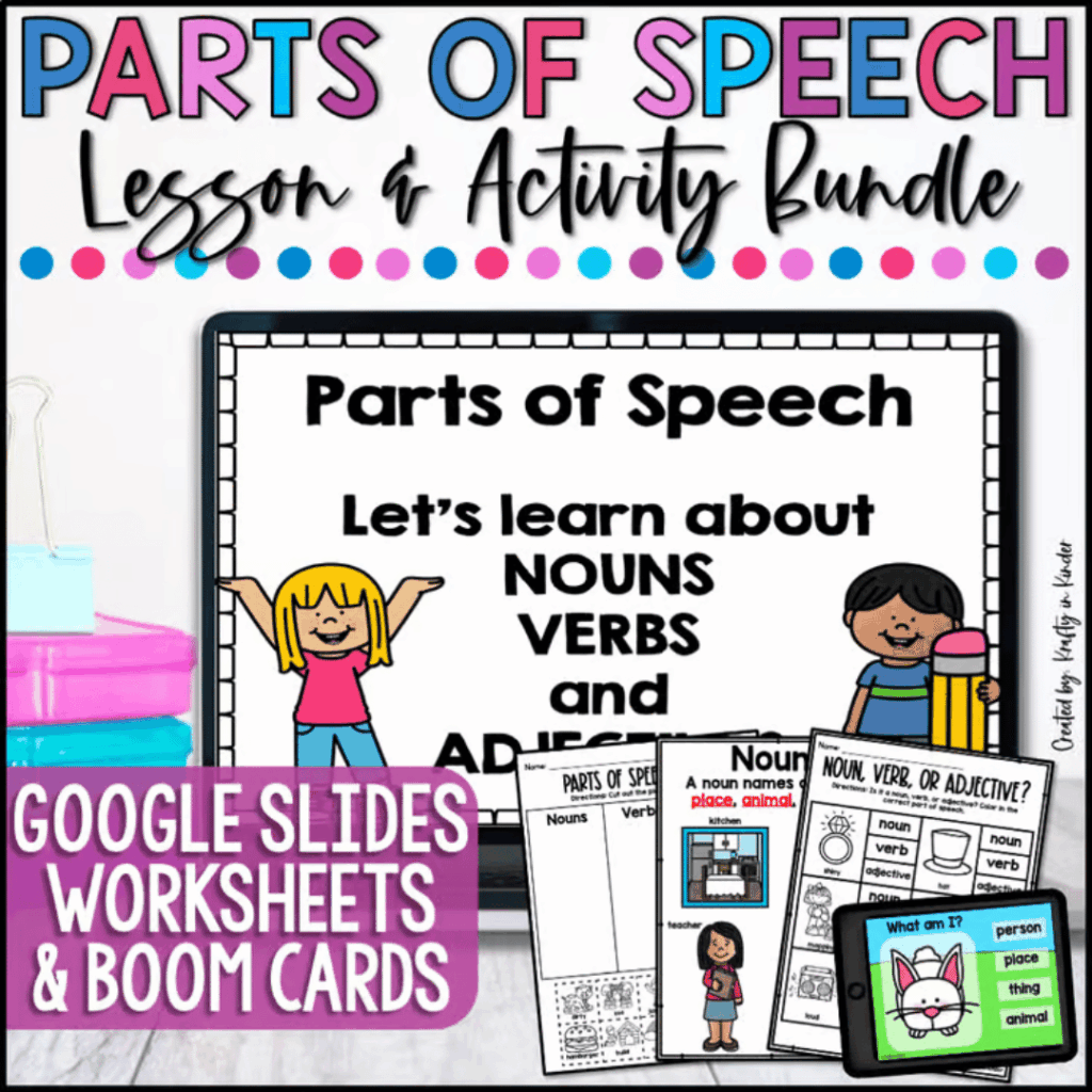 This parts of speech lesson & activity bundle includes everything you need for teaching nouns, verbs and adjectives in your classroom.