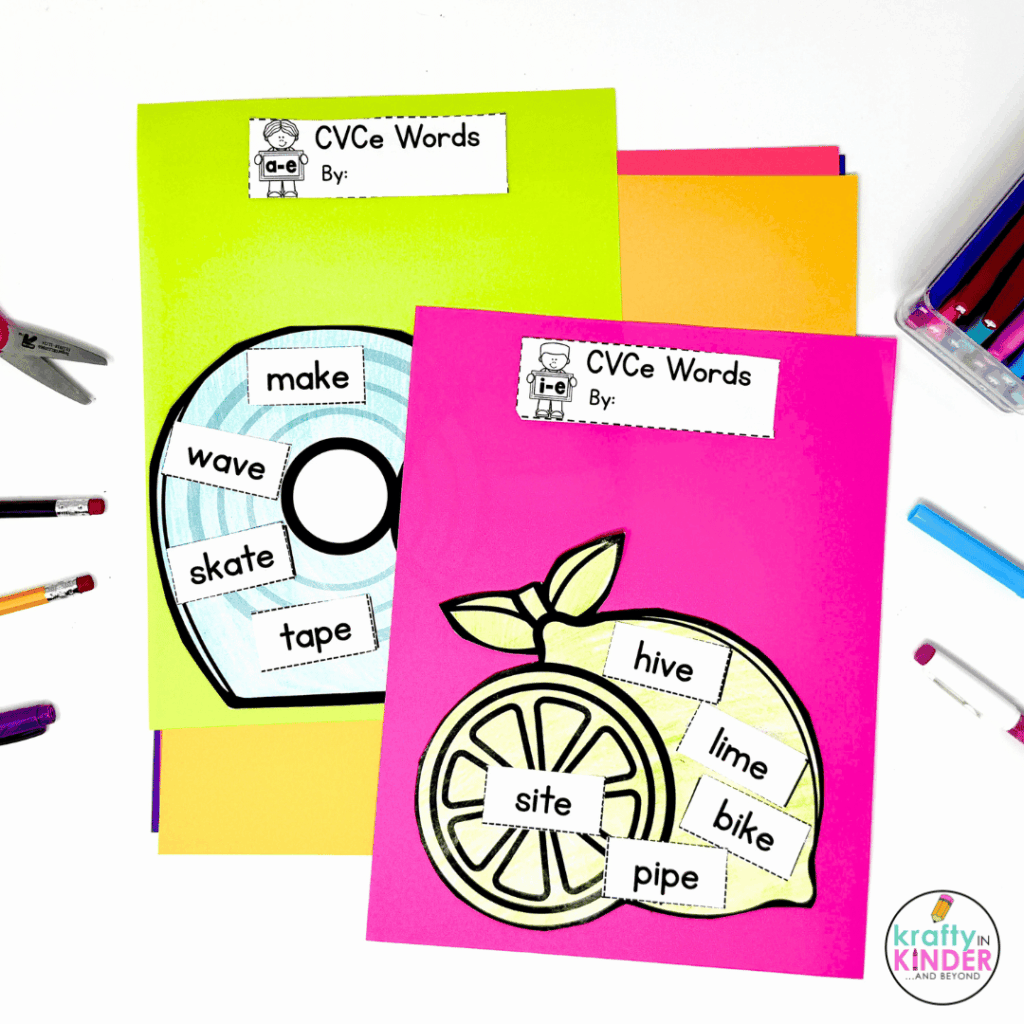 This image highlights phonics crafts that target CVCe words.