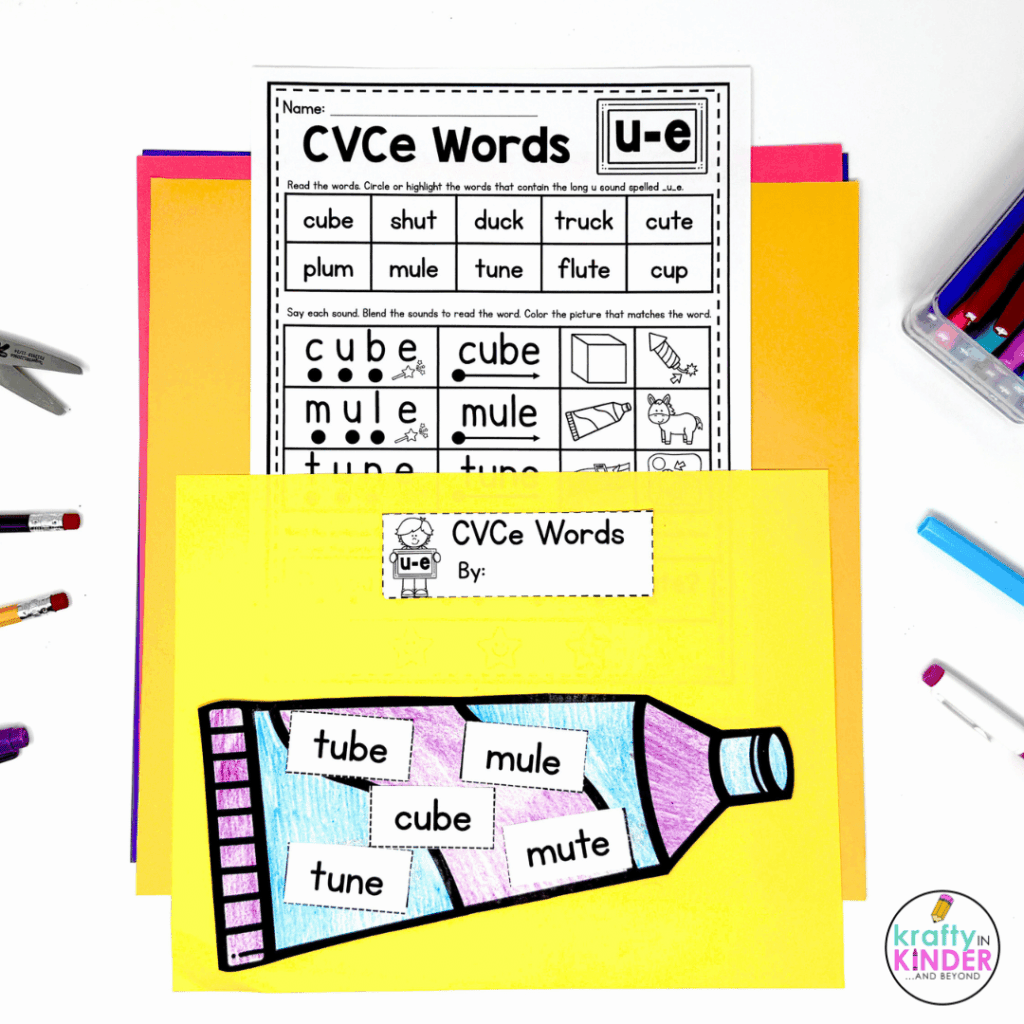 This worksheet and phonics craft focus on CVCe words with the u-e spelling pattern.