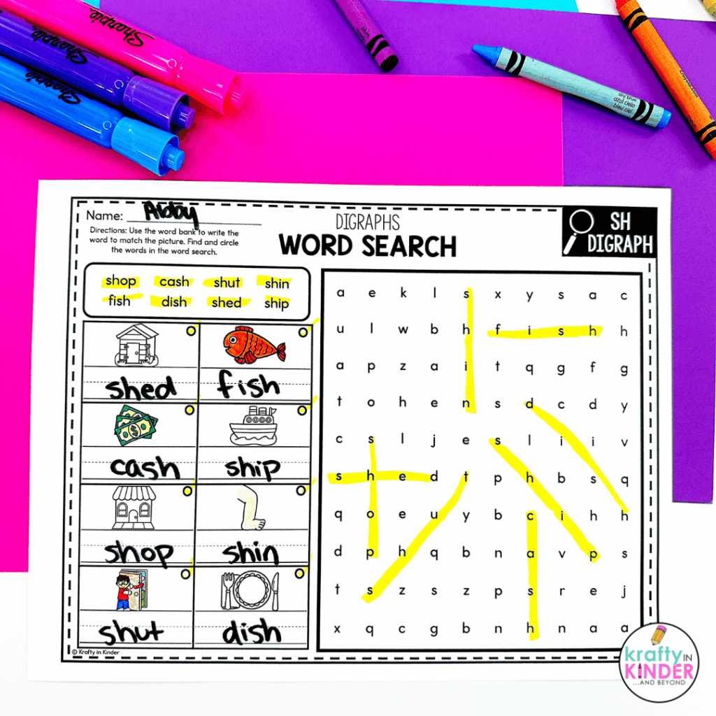 The freebie includes each essential part of a phonics routine that works, including this sh word search.