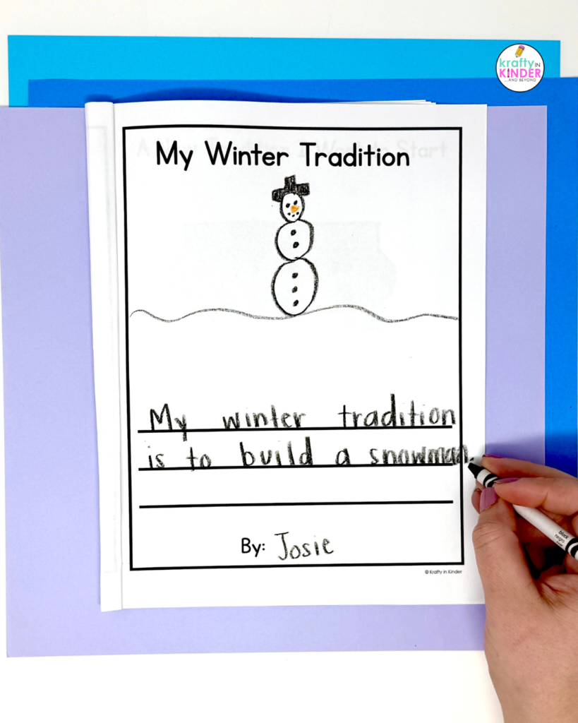 Winter traditions writing activity with student writing and illustration